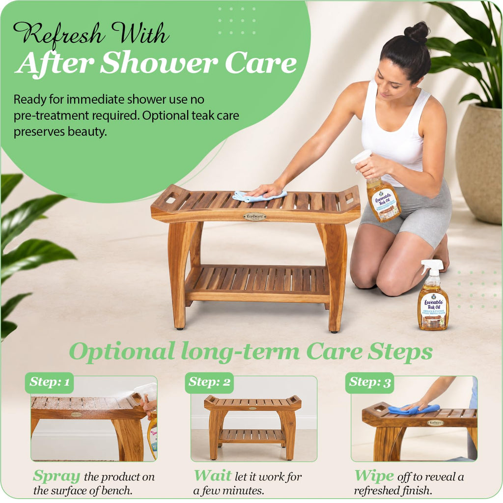 24" Teak Shower Bench with Arms & Storage Shelf H81280