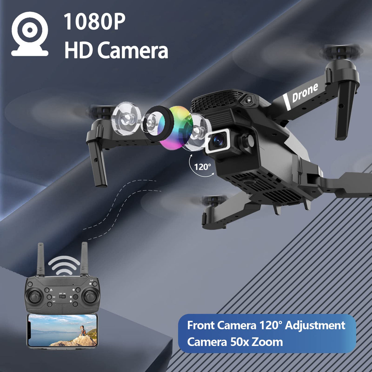 Foldable RC Quadcopter Drone with 1080P Camera, 2 Batteries, Carrying Case E76369