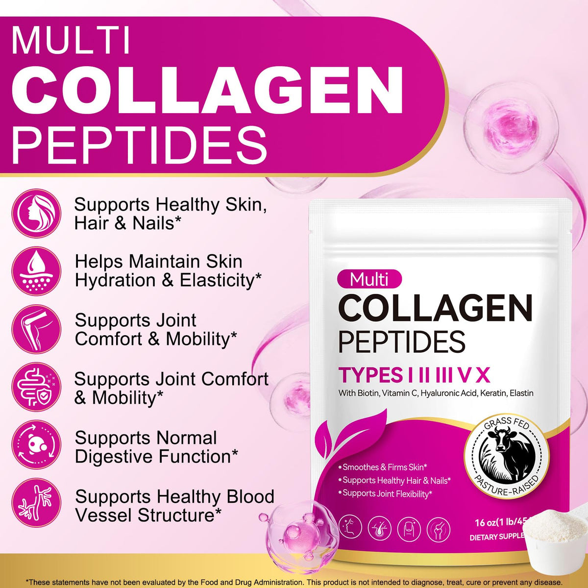 Multi Collagen Peptides Powder Type I II III V X 16oz C113330