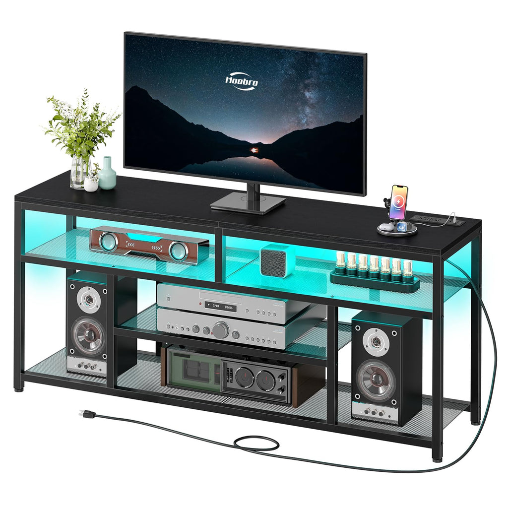 Black 4-Tier LED TV Stand with Charging Station K370