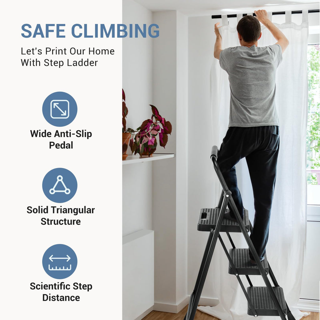 3 Step Ladder with Anti-Slip Pedal and Handrail, 500lbs, Black J9279
