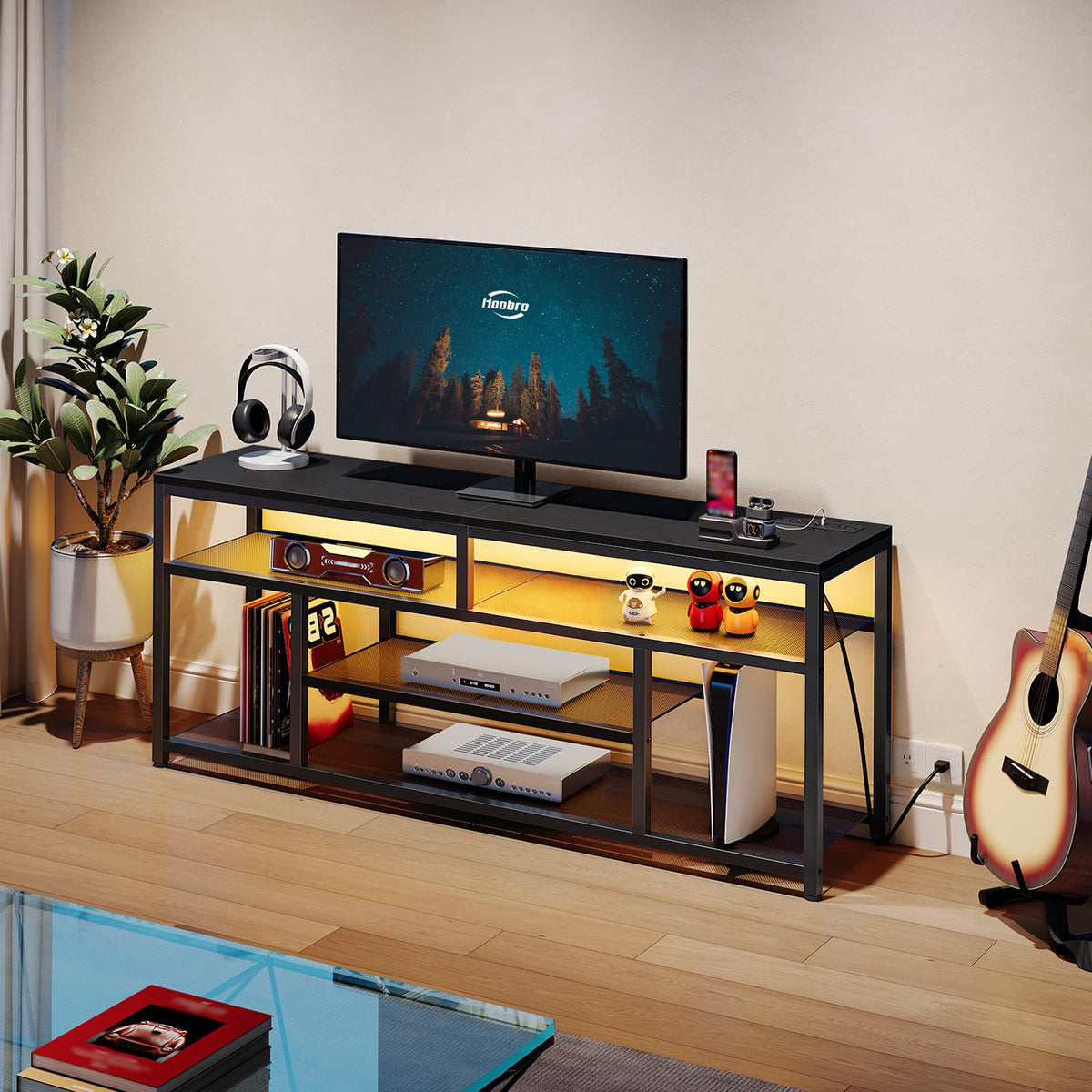 Black 4-Tier LED TV Stand with Charging Station K370