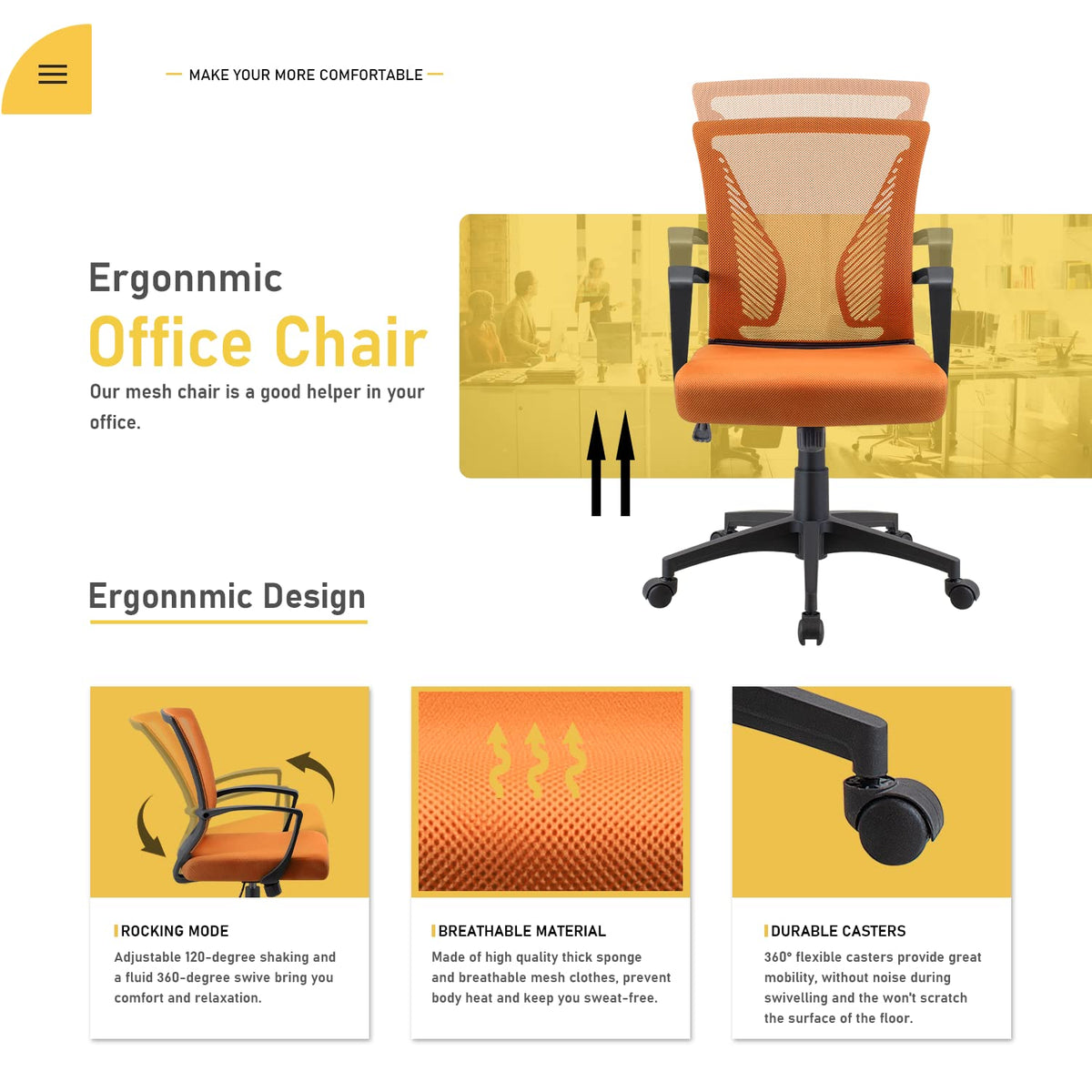 Orange Mid Back Mesh Ergonomic Office Chair with Armrest B15152