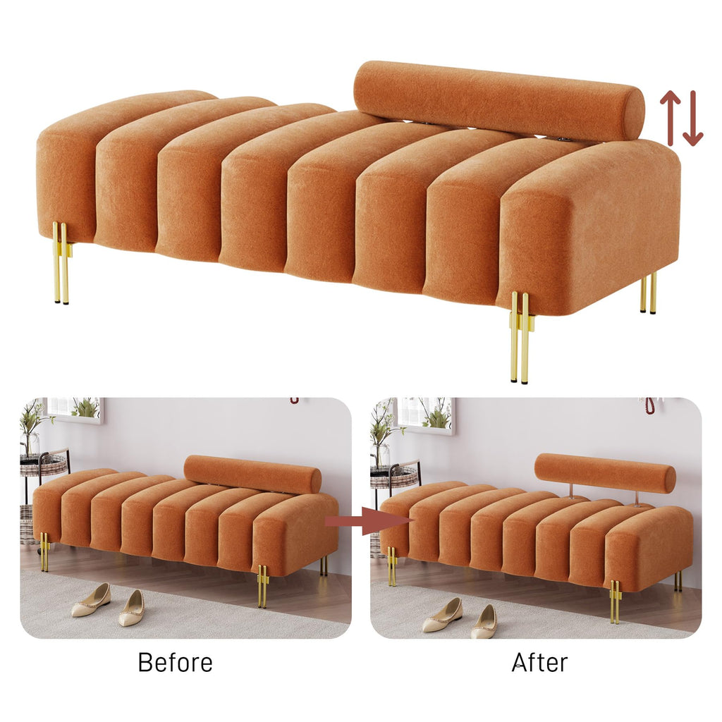 Velvet Upholstered Bench Ottoman with Adjustable Backrest A479602