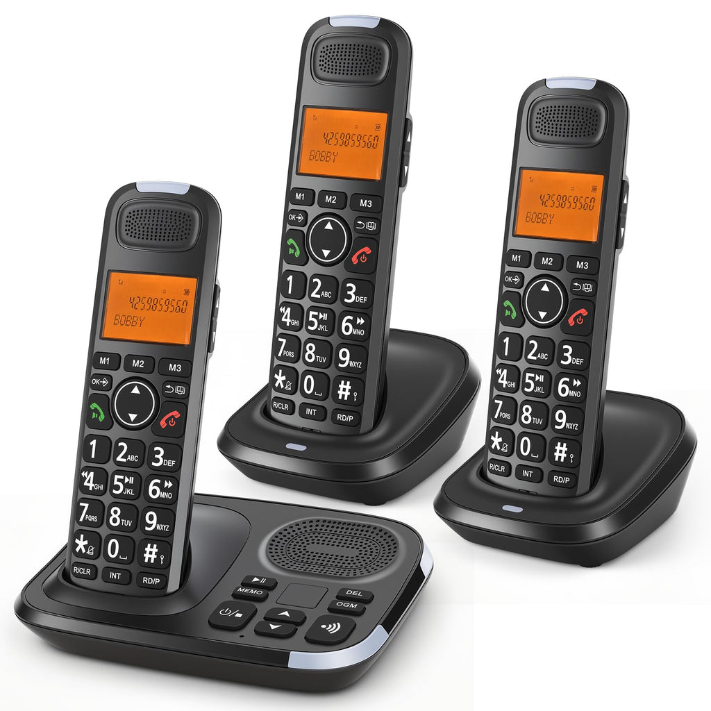 Black Cordless Phone System with Answering Machine, 3 Handsets B1825