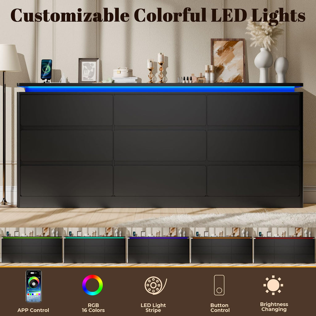 Black 9 Drawer Dresser with LED Lights F941