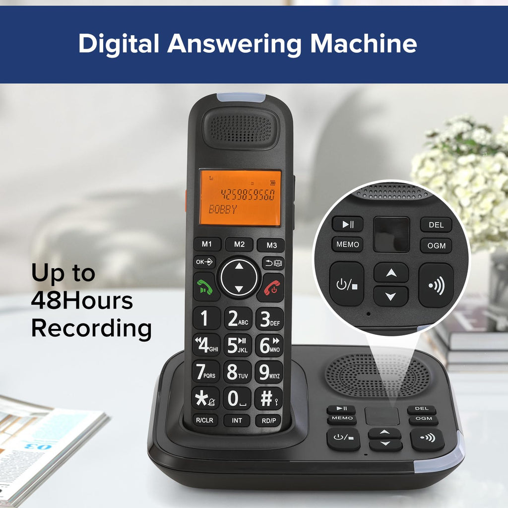 Black Cordless Phone System with Answering Machine, 3 Handsets B1825