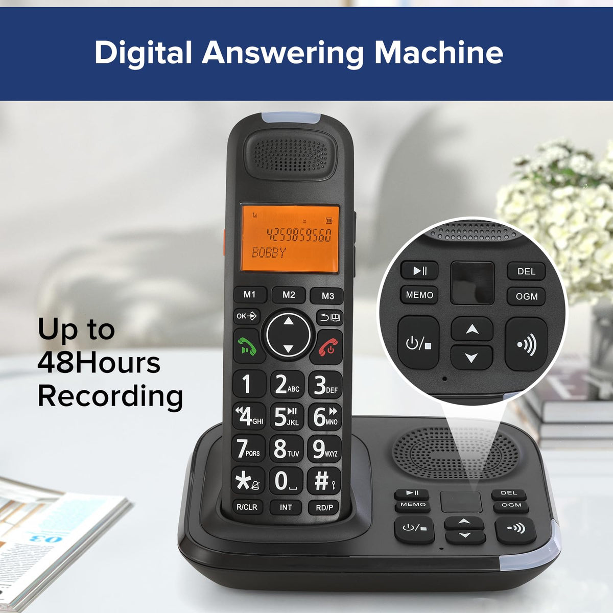 Black Cordless Phone System with Answering Machine, 3 Handsets B1825