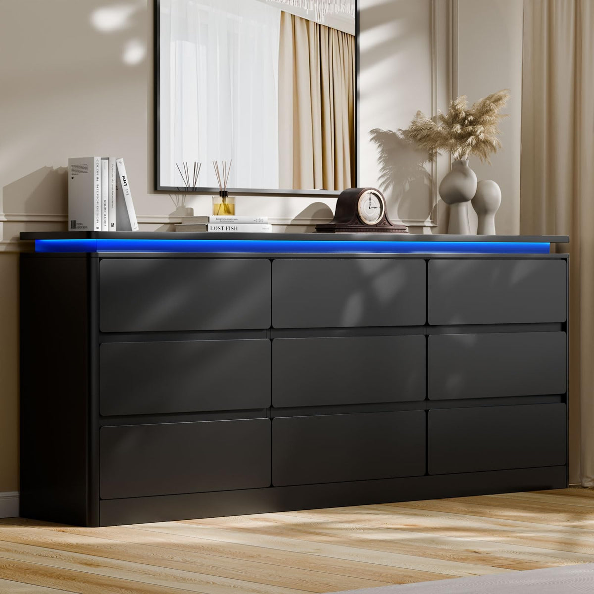 Black 9 Drawer Dresser with LED Lights F941