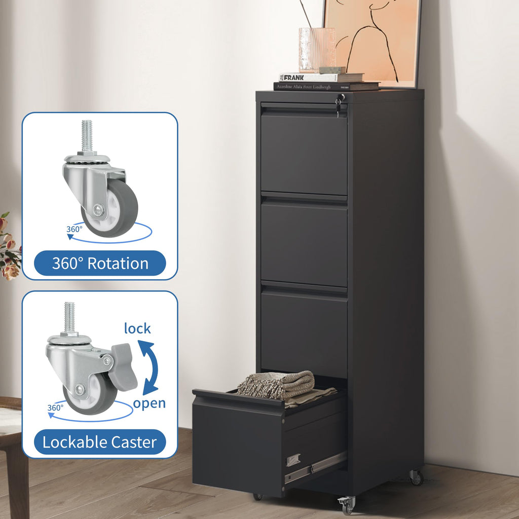 4 Drawer Black Metal Mobile File Cabinet with Lock and Wheels G361985