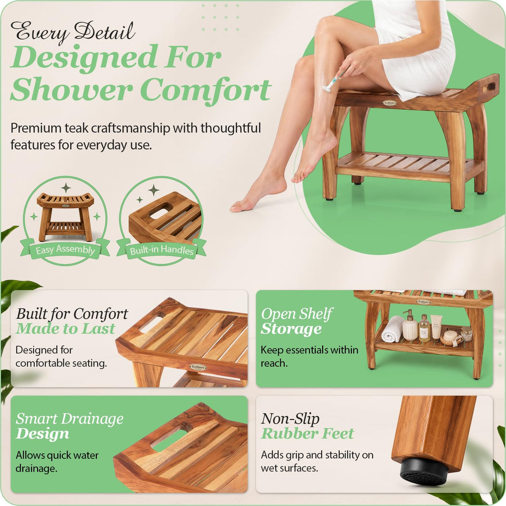 24" Teak Shower Bench with Arms & Storage Shelf H81280