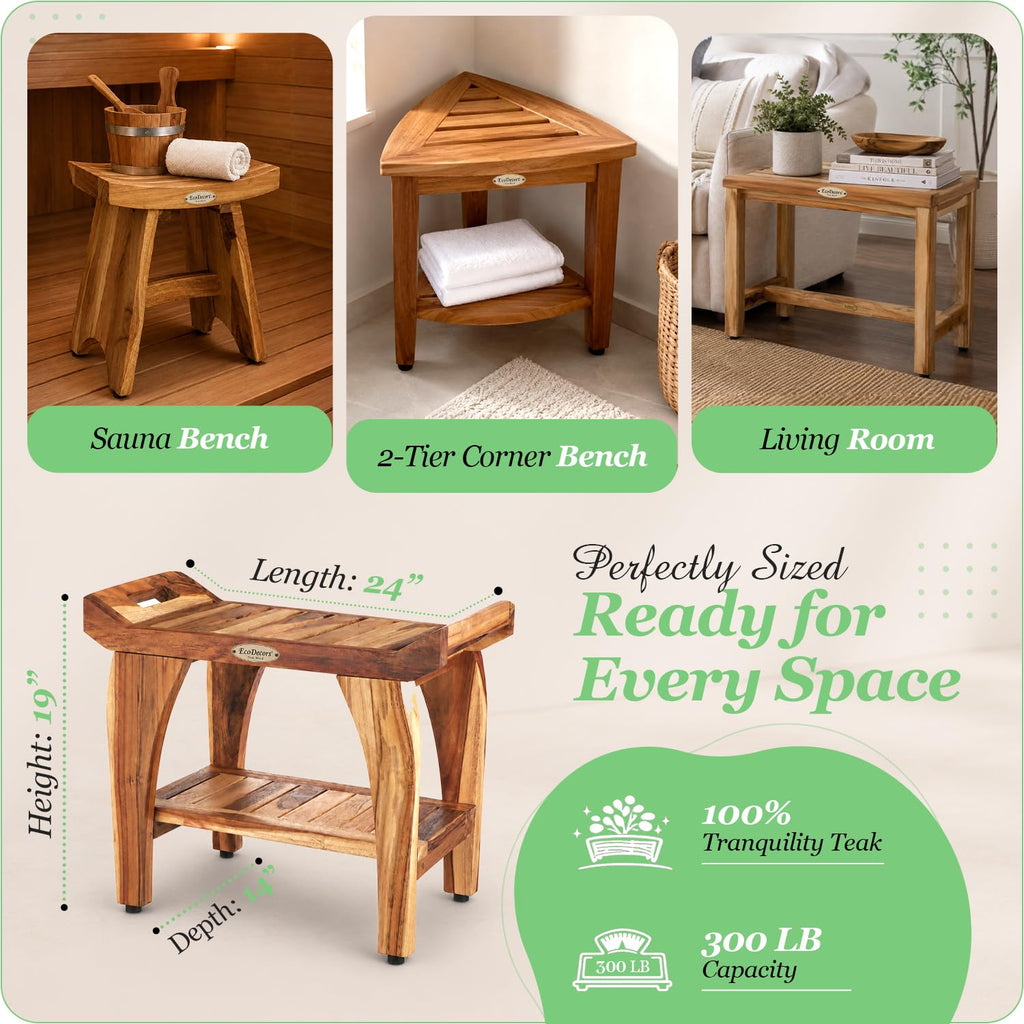 24" Teak Shower Bench with Arms & Storage Shelf H81280