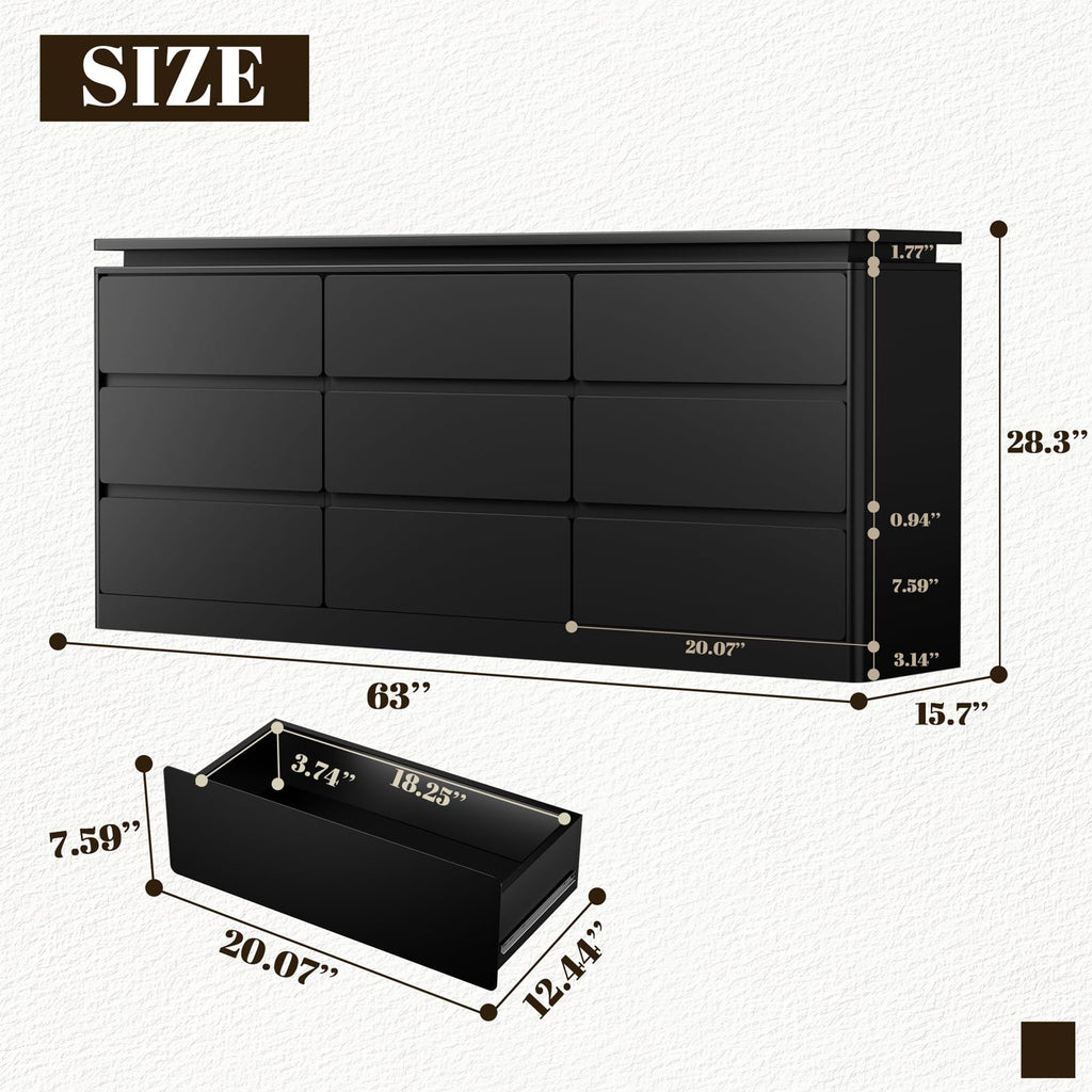 Black 9 Drawer Dresser with LED Lights F941