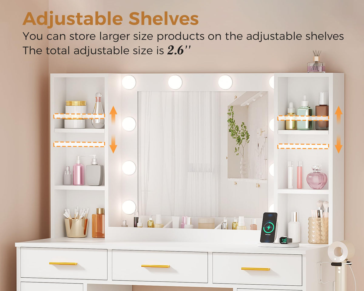 11 Drawer Makeup Vanity Desk with Mirror and Lights, Stool Z83954