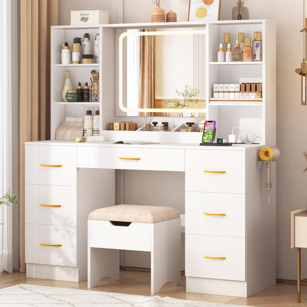 White 47" Makeup Vanity Desk with LED Mirror, Stool & 7 Drawers V488320