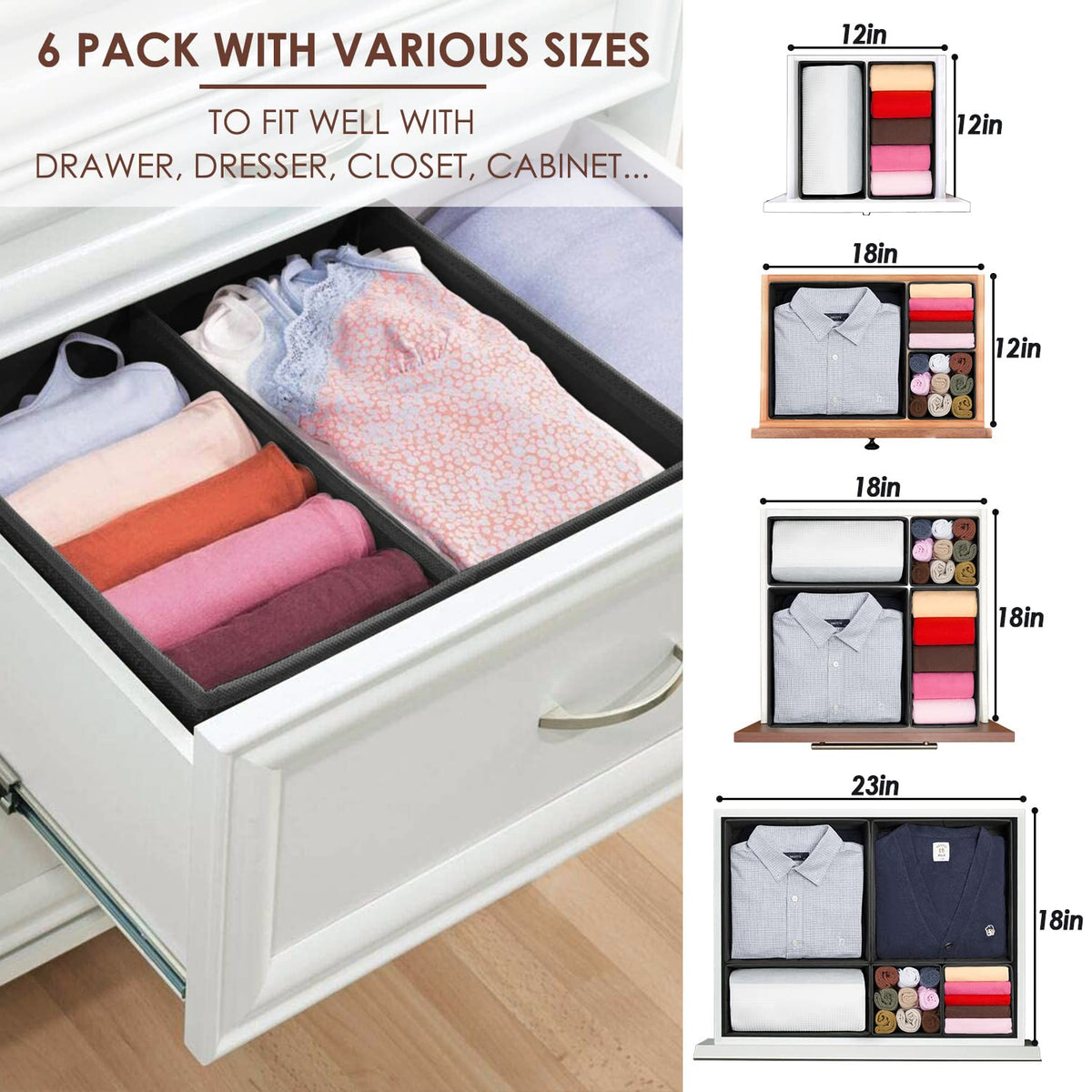 6 Pack Black Fabric Drawer Organizer H586