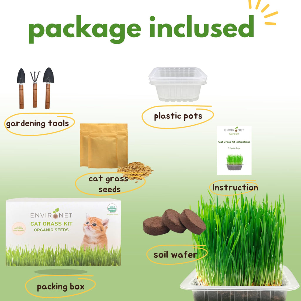 Organic Cat Grass Growing Kit with Seeds Soil and Planting Tools 3-Pack Plastic Pots X9725