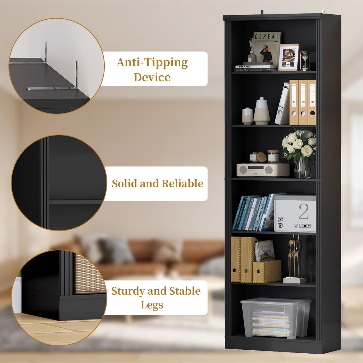 Black 75" Tall 6 Tier Adjustable Bookshelf D3625