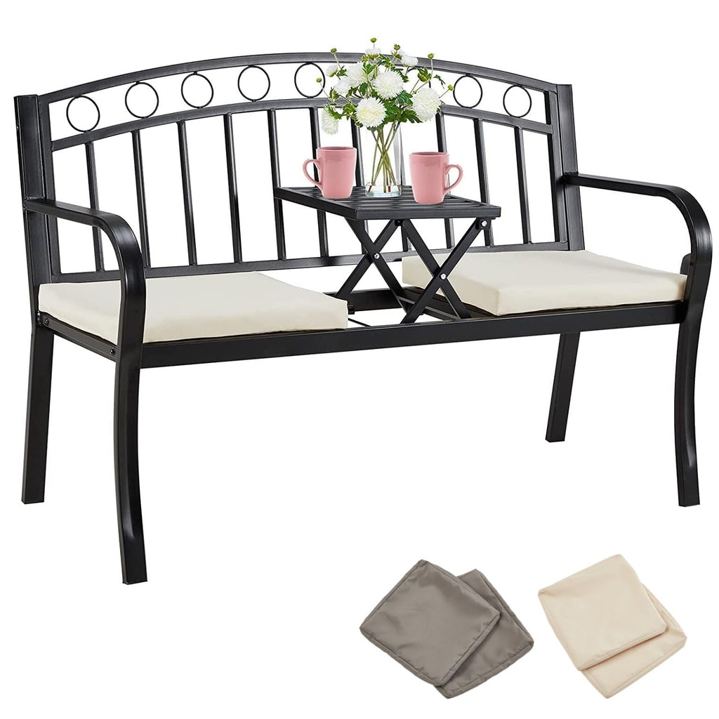 Black 2-Seat Metal Garden Bench with Cushion U60516