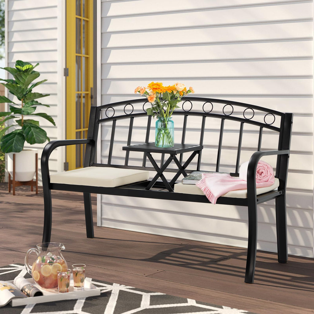Black 2-Seat Metal Garden Bench with Cushion U60516