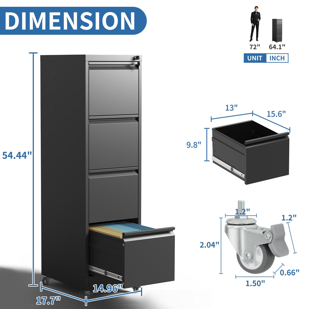 4 Drawer Black Metal Mobile File Cabinet with Lock and Wheels G361985