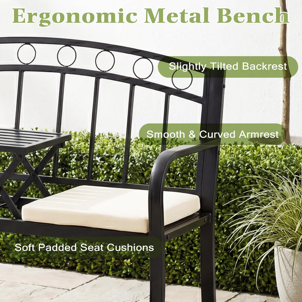 Black 2-Seat Metal Garden Bench with Cushion U60516