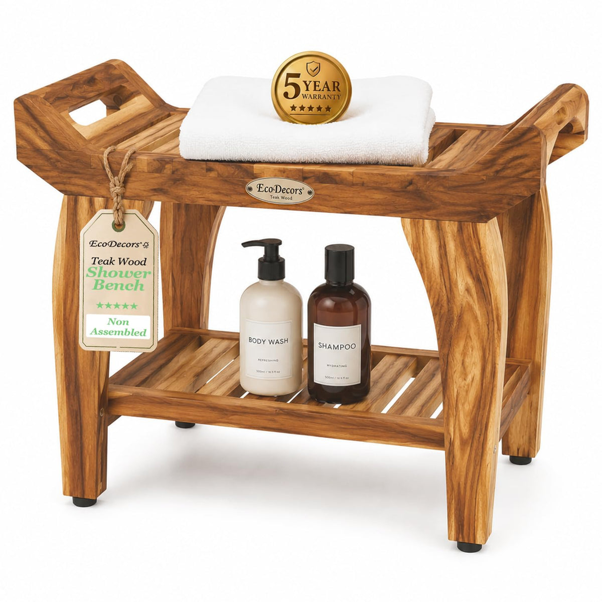 24" Teak Shower Bench with Arms & Storage Shelf H81280