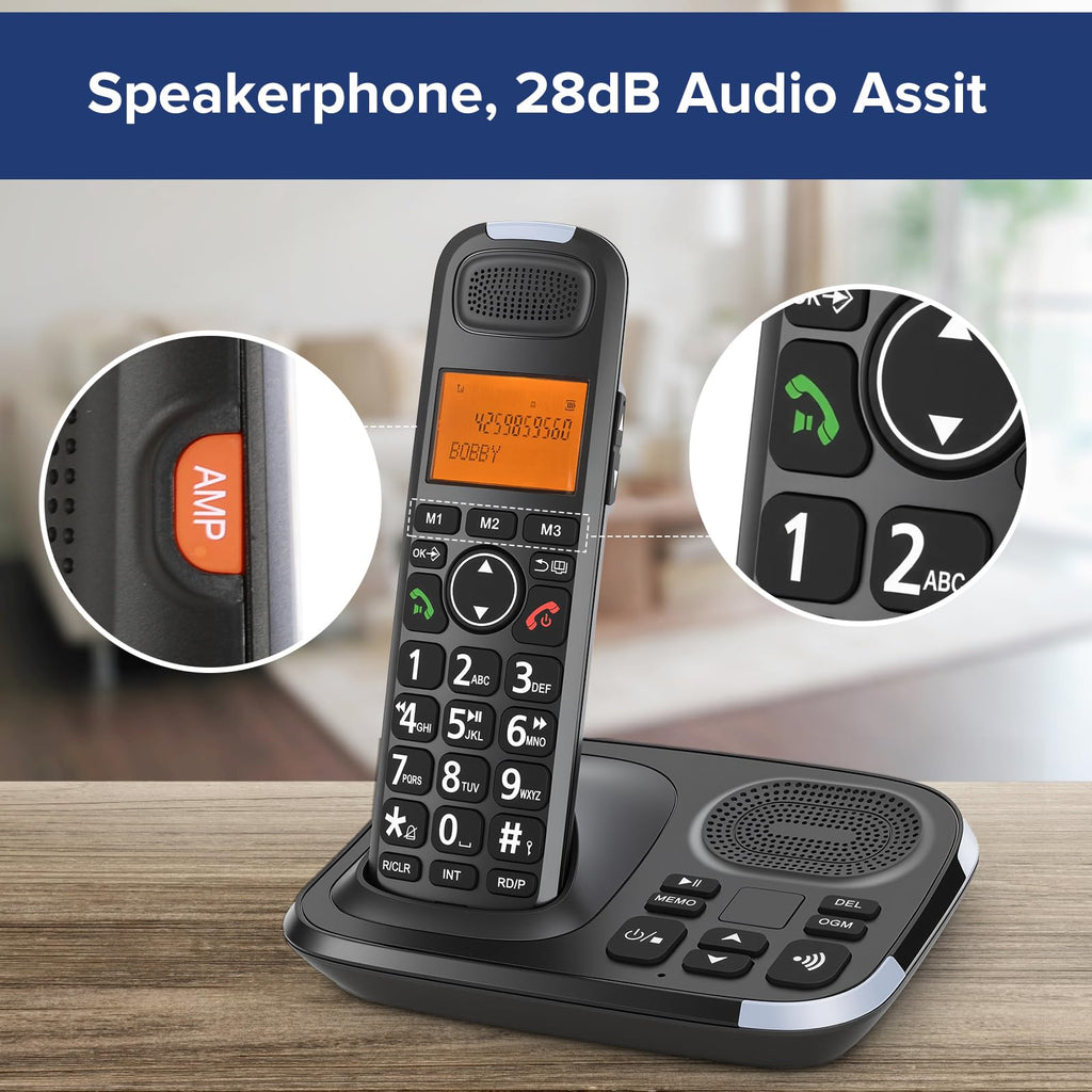 Black Cordless Phone System with Answering Machine, 3 Handsets B1825