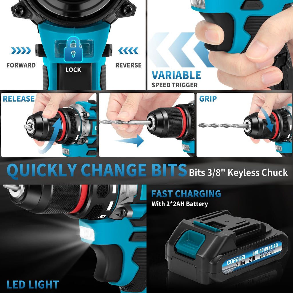 21V Cordless Brushless Drill Driver Combo Kit with 2x2.0Ah Battery L257486