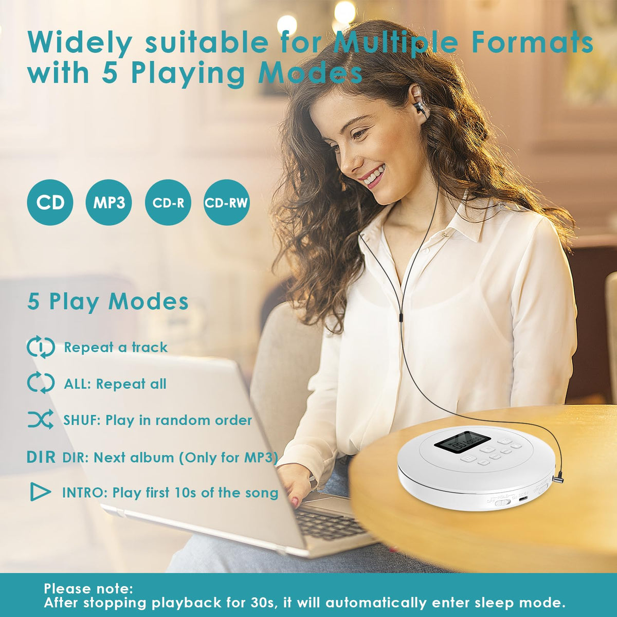 Portable CD Player with Headphones Jack USB AUX LCD Display White K4100