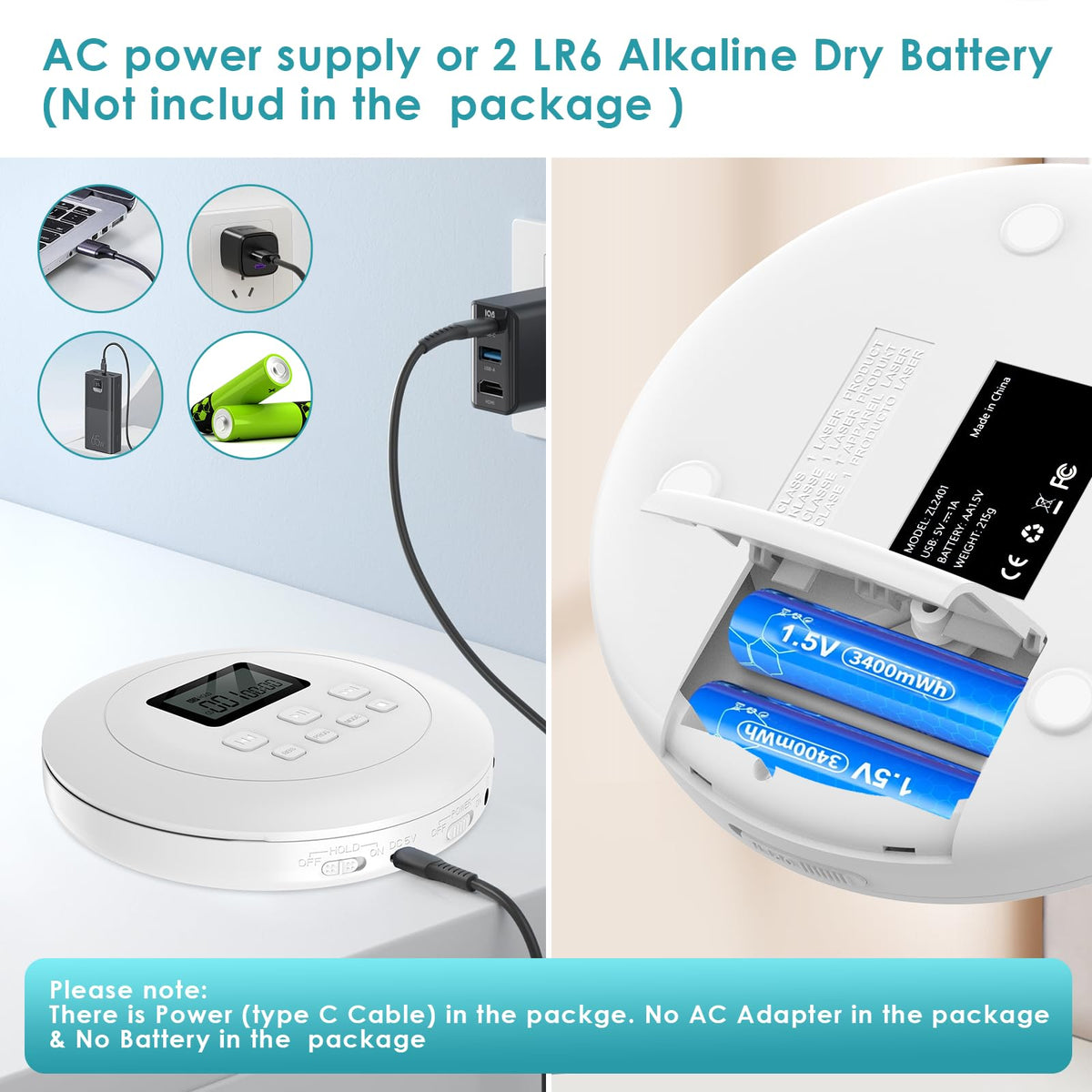 Portable CD Player with Headphones Jack USB AUX LCD Display White K4100