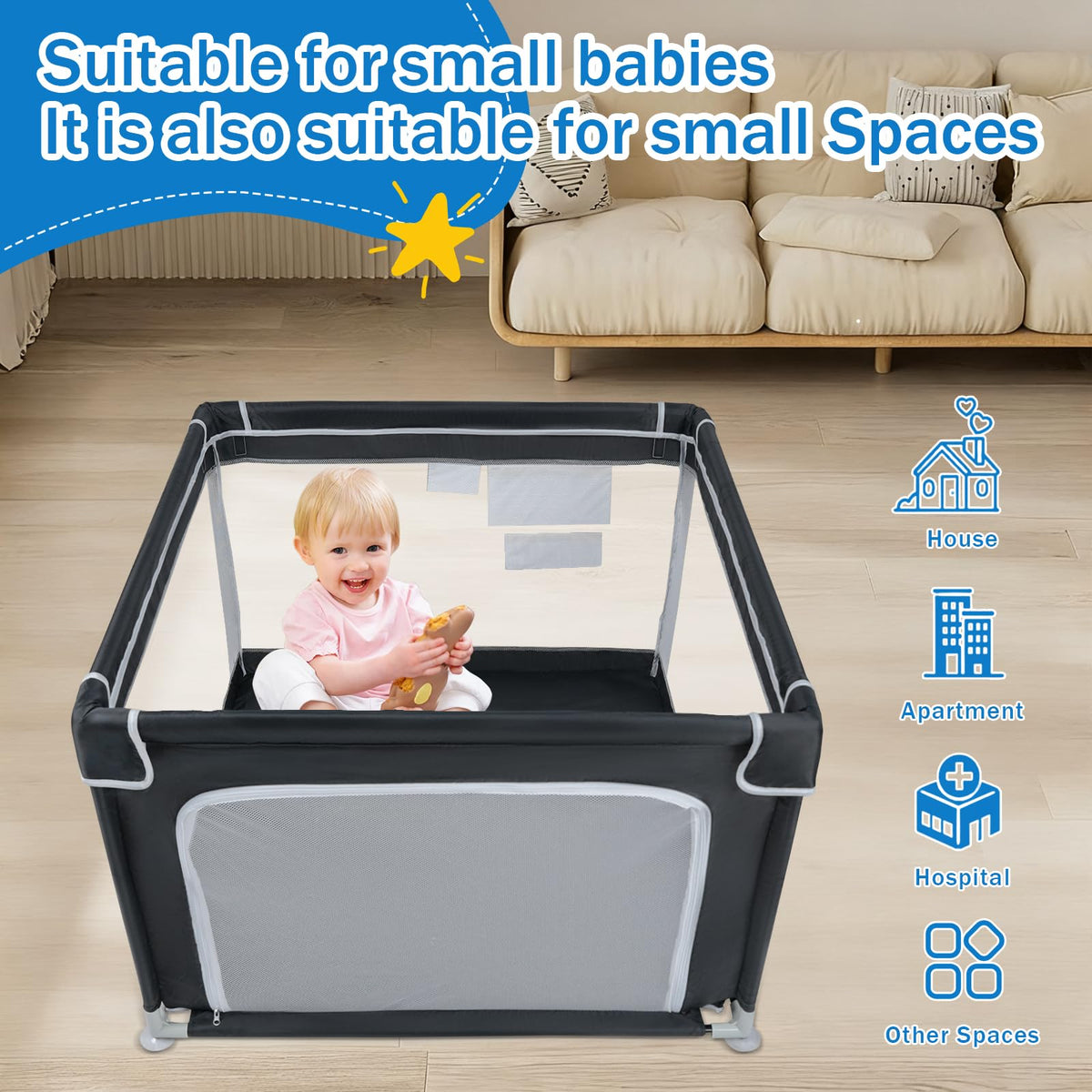 Baby Playpen with Mesh and Anti-Slip Base F3589