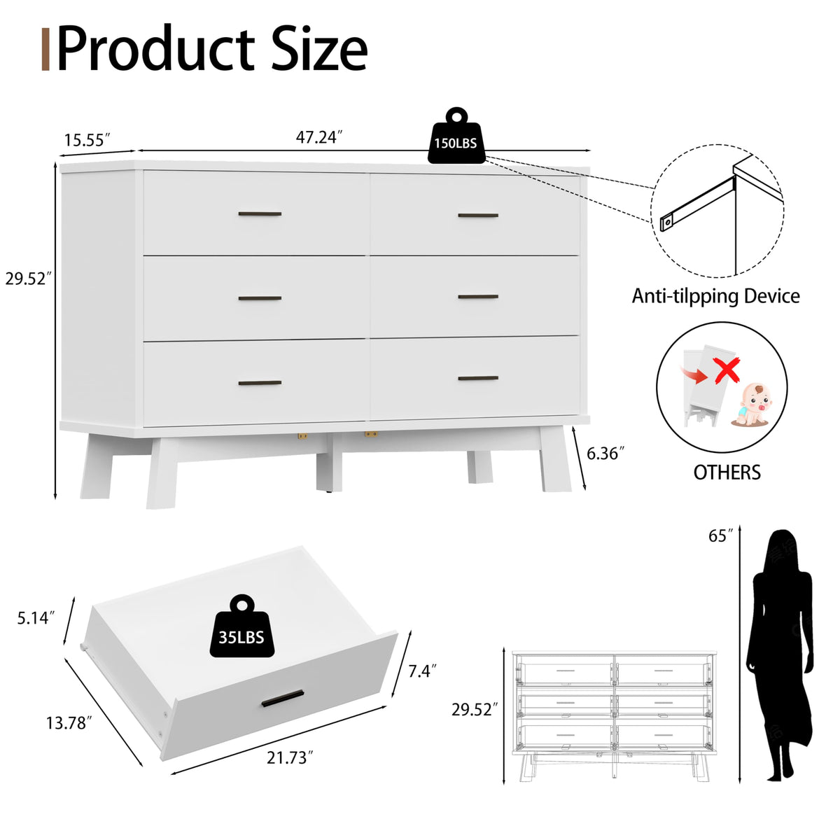 White 6 Drawer Wood Dresser L77530