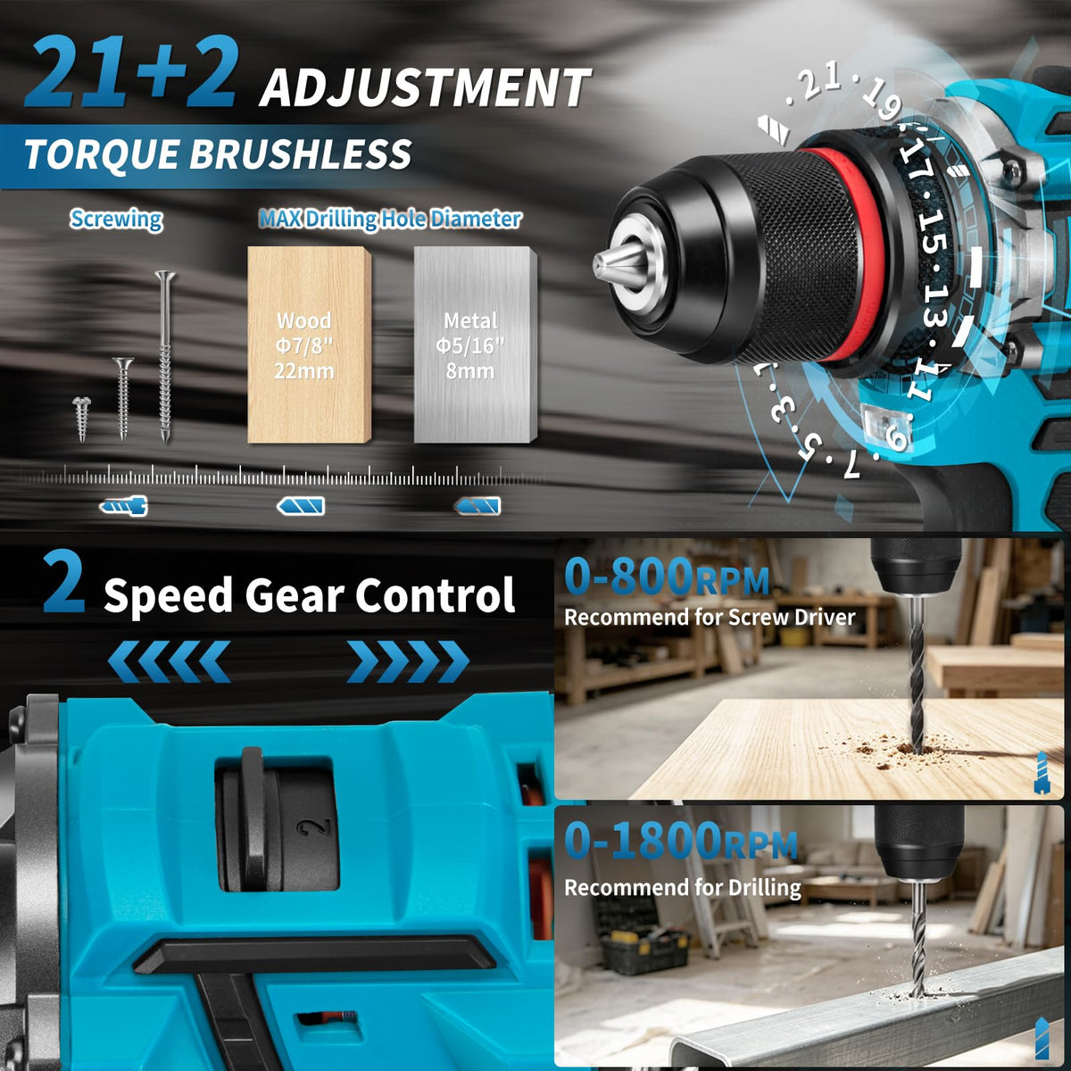 21V Cordless Brushless Drill Driver Combo Kit with 2x2.0Ah Battery L257486