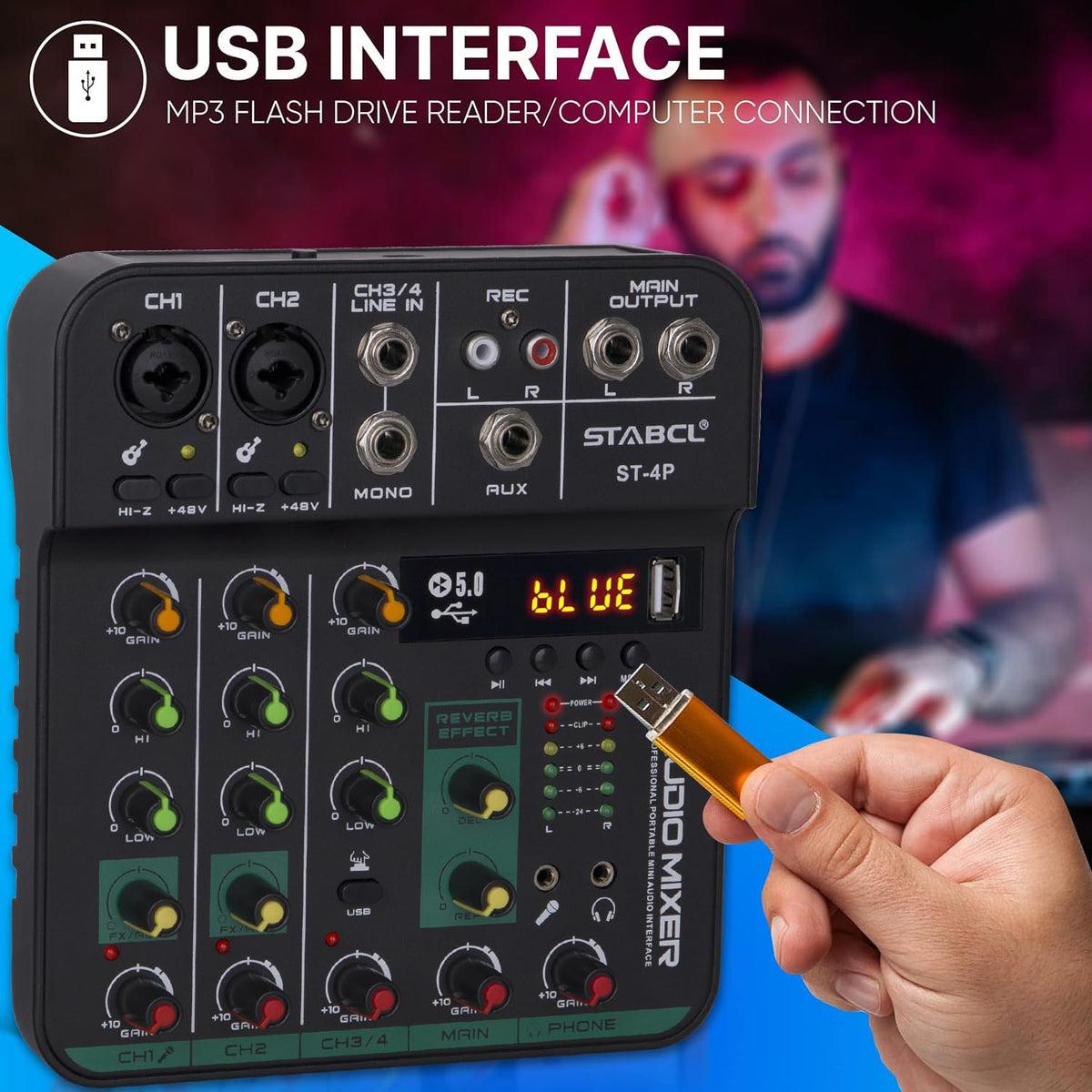 4 Channel Audio Mixer with USB BT 48V Phantom Power Q354