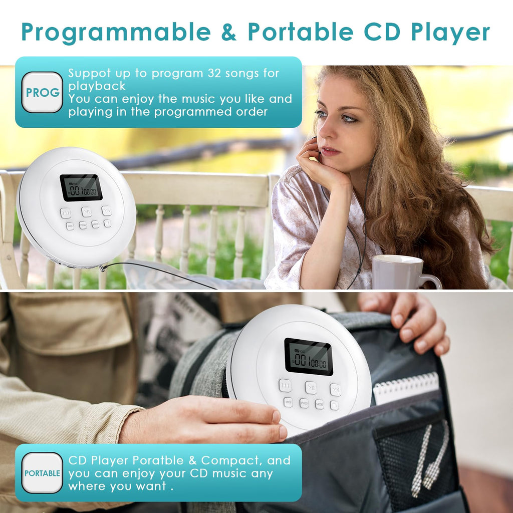 Portable CD Player with Headphones Jack USB AUX LCD Display White K4100