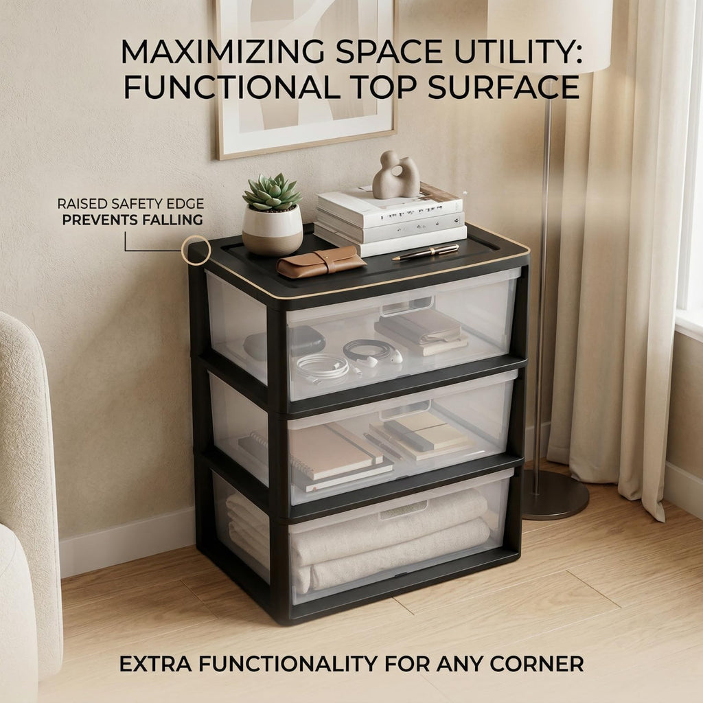 Black 3 Drawer Storage Organizer Tower with Clear Plastic Bins T987