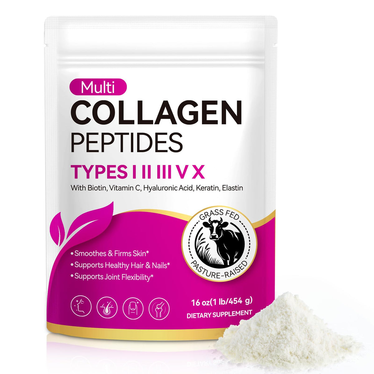 Multi Collagen Peptides Powder Type I II III V X 16oz C113330