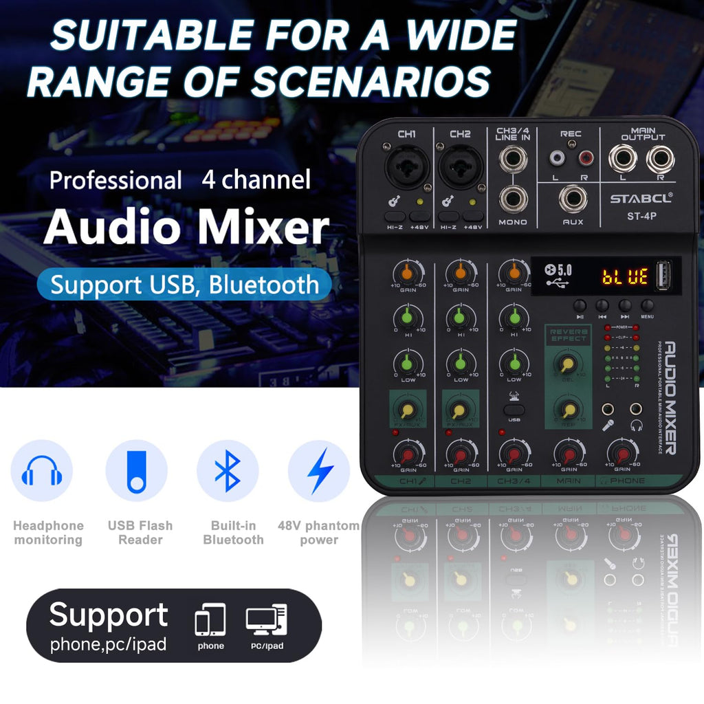 4 Channel Audio Mixer with USB BT 48V Phantom Power Q354