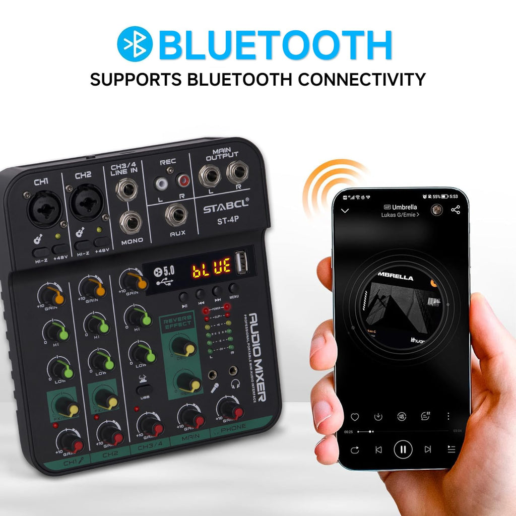 4 Channel Audio Mixer with USB BT 48V Phantom Power Q354