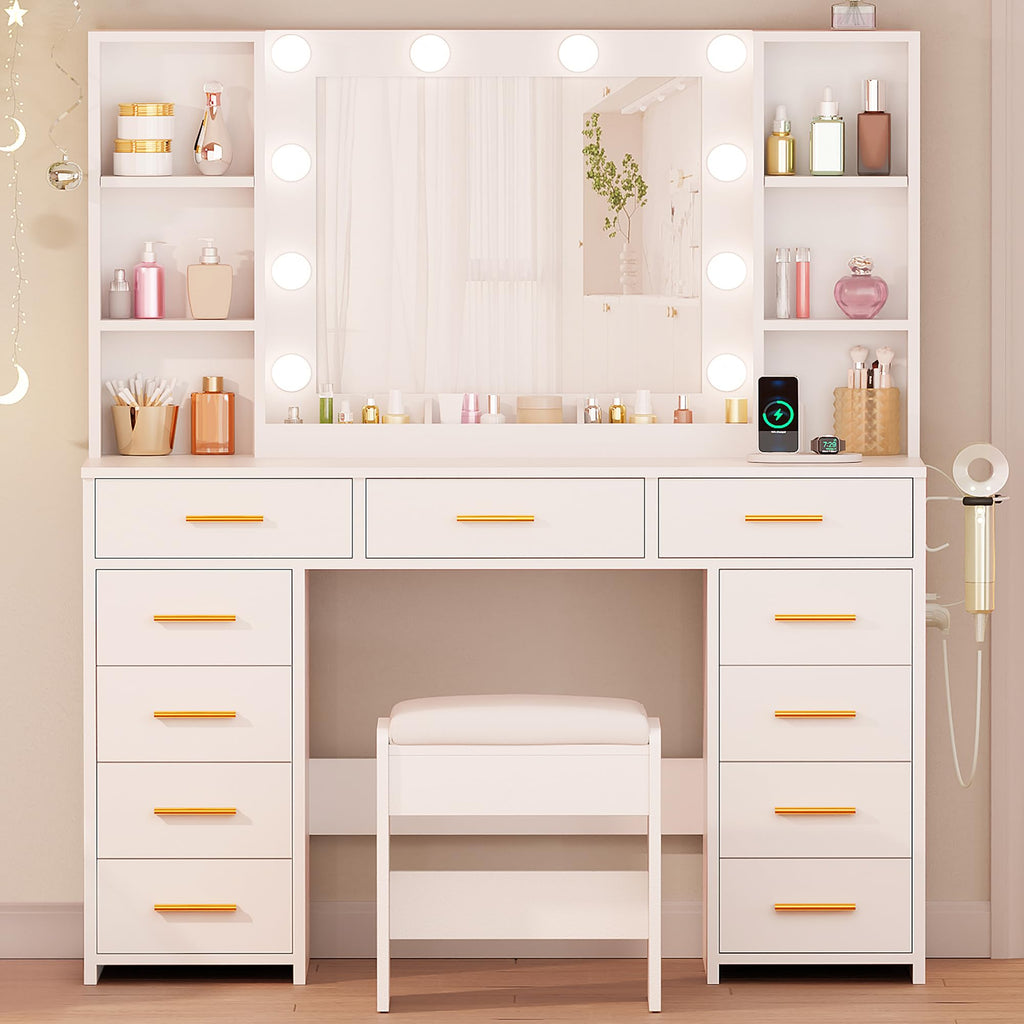 11 Drawer Makeup Vanity Desk with Mirror and Lights, Stool Z83954