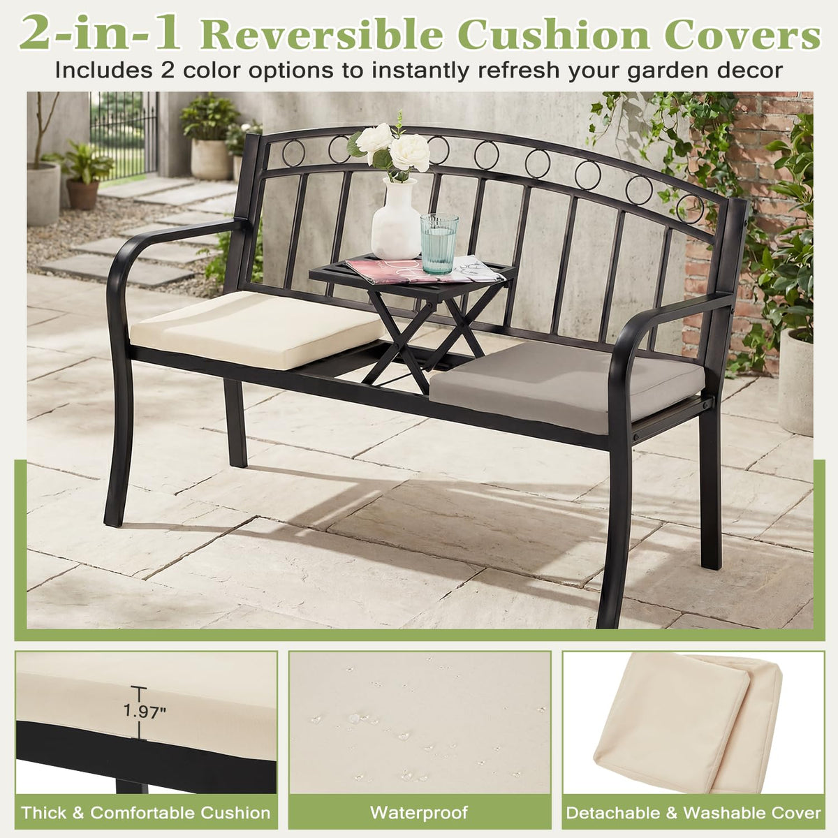 Black 2-Seat Metal Garden Bench with Cushion U60516