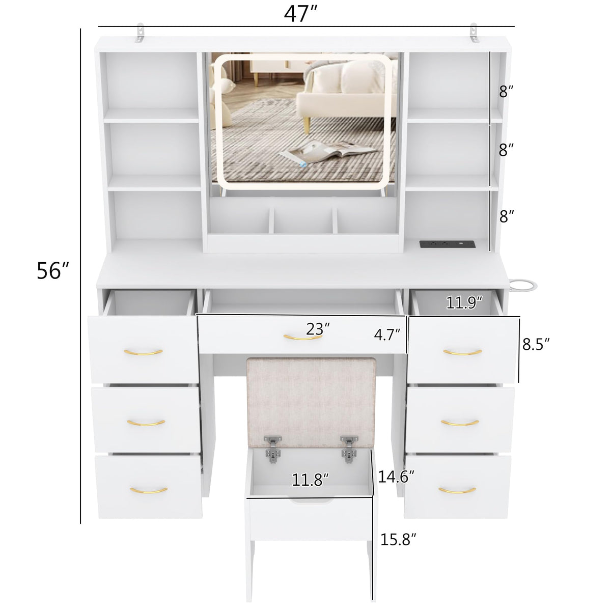 White 47" Makeup Vanity Desk with LED Mirror, Stool & 7 Drawers V488320