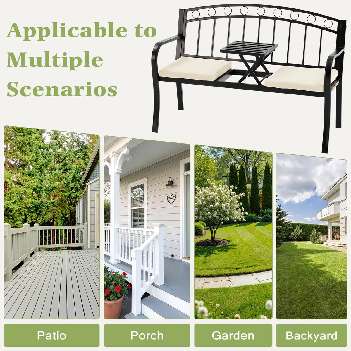 Black 2-Seat Metal Garden Bench with Cushion U60516