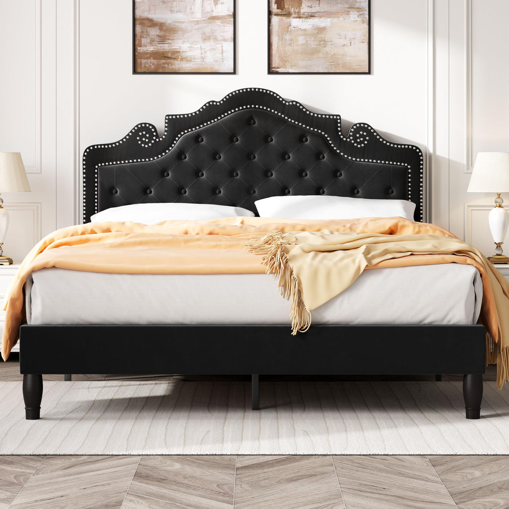 Queen Size Velvet Upholstered Bed Frame with Adjustable Headboard O780