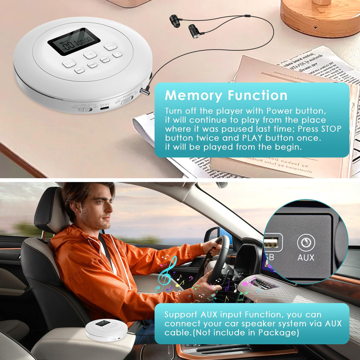 Portable CD Player with Headphones Jack USB AUX LCD Display White K4100