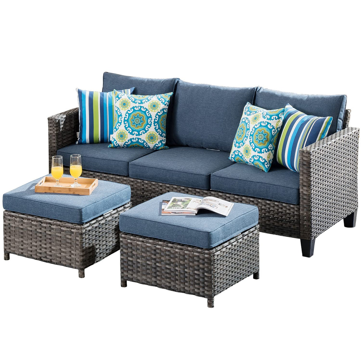 3 Pieces Wicker Rattan Patio Furniture Set with Ottomans H4080