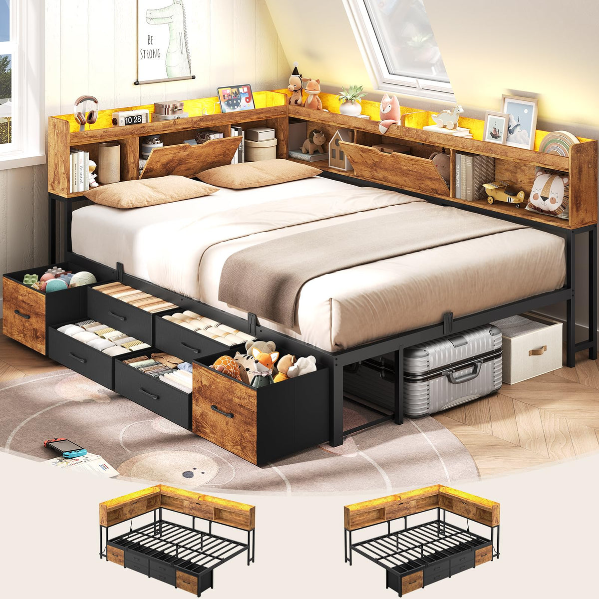 Full Size Corner Bed Frame with 6 Storage Drawers and Bookcase K65456