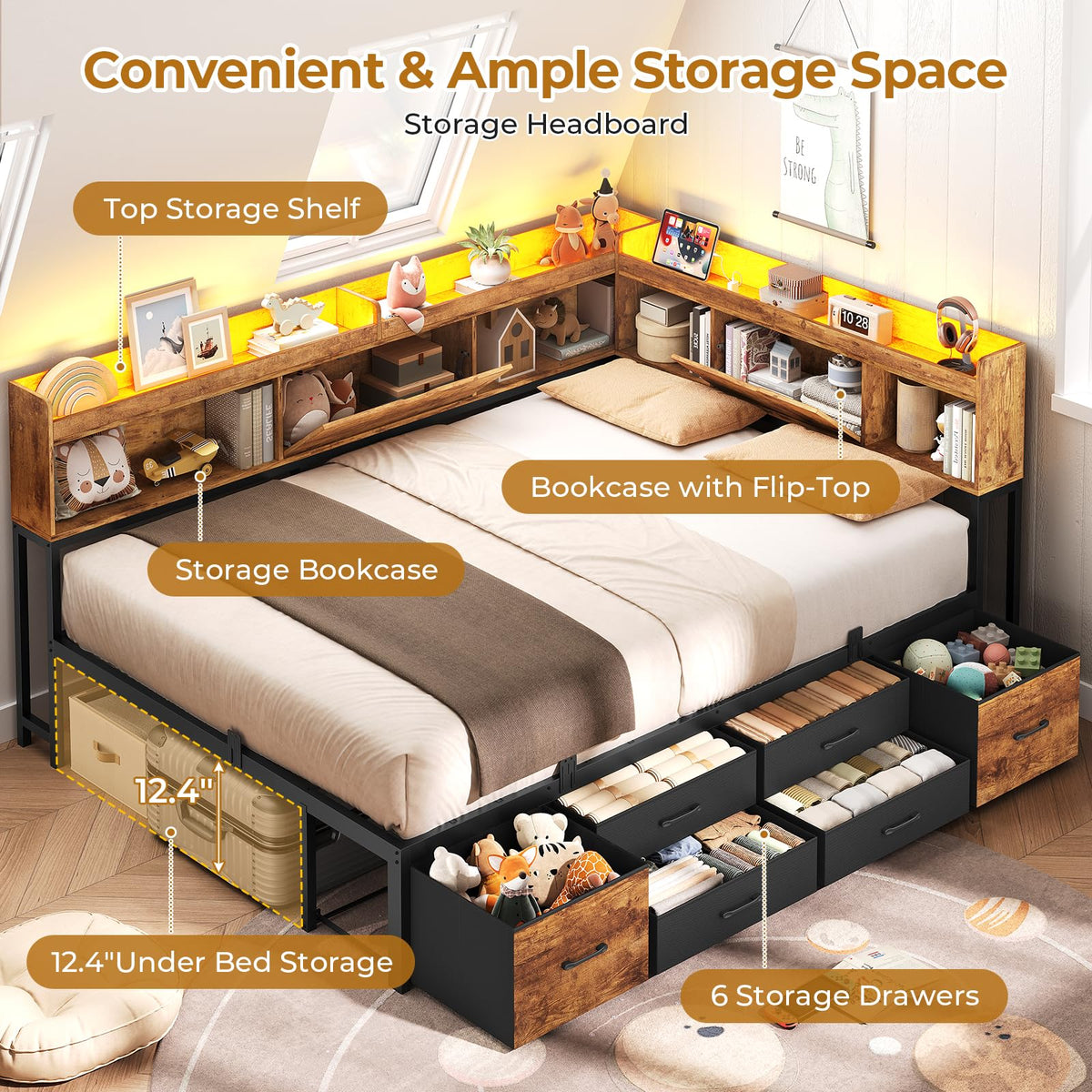 Full Size Corner Bed Frame with 6 Storage Drawers and Bookcase K65456