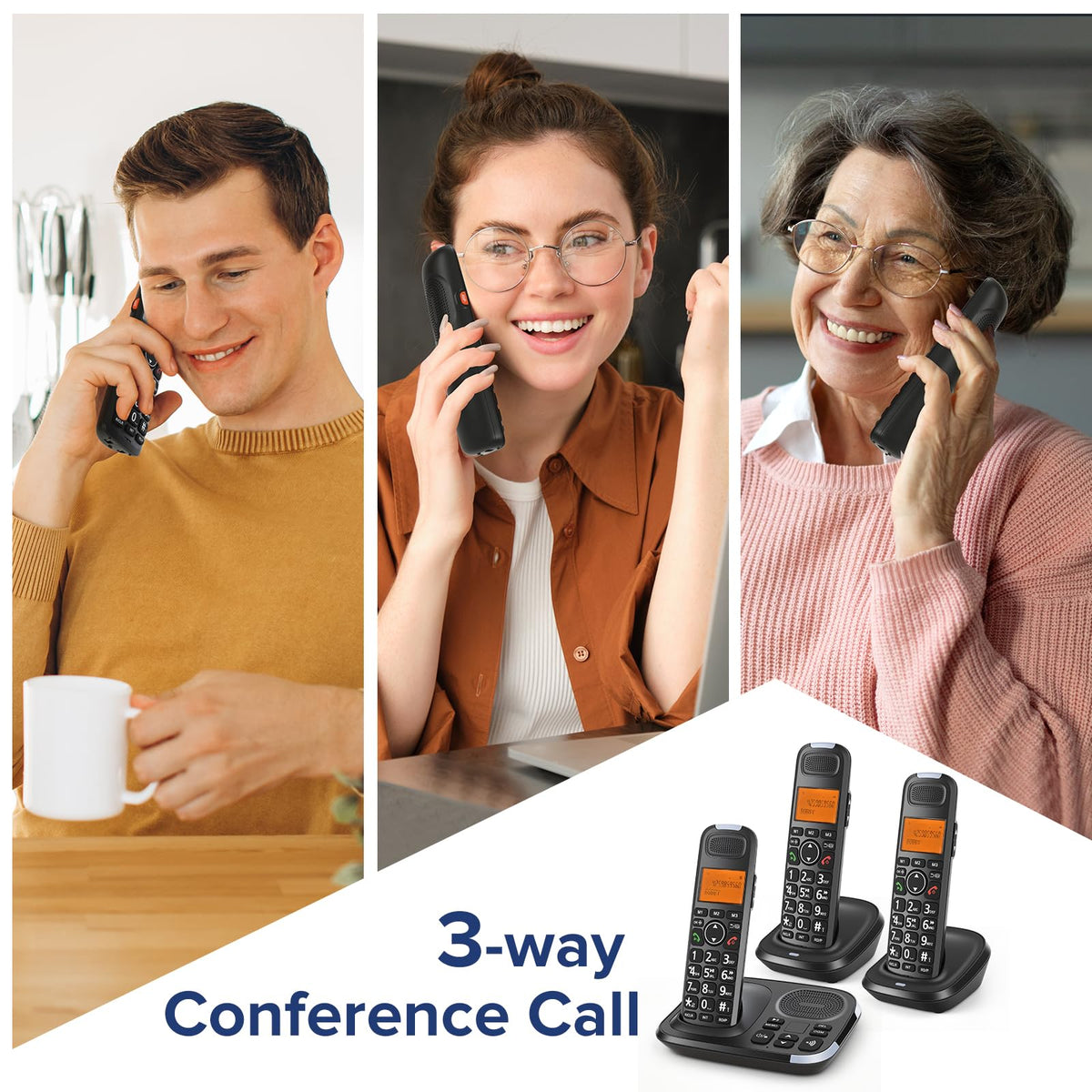 Black Cordless Phone System with Answering Machine, 3 Handsets B1825
